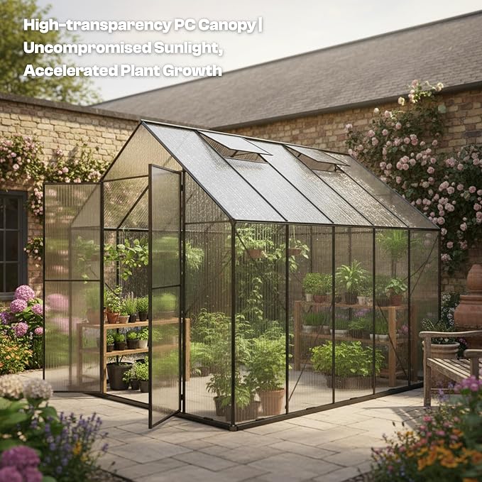 Kingdura 8x10ft Walk-in Greenhouse for Outdoors Large Polycarbonate Greenhouses with Heavy Duty Aluminum Frame Adjustable Roof Vent Lockable Door UV Protection for Outside Garden Backyard