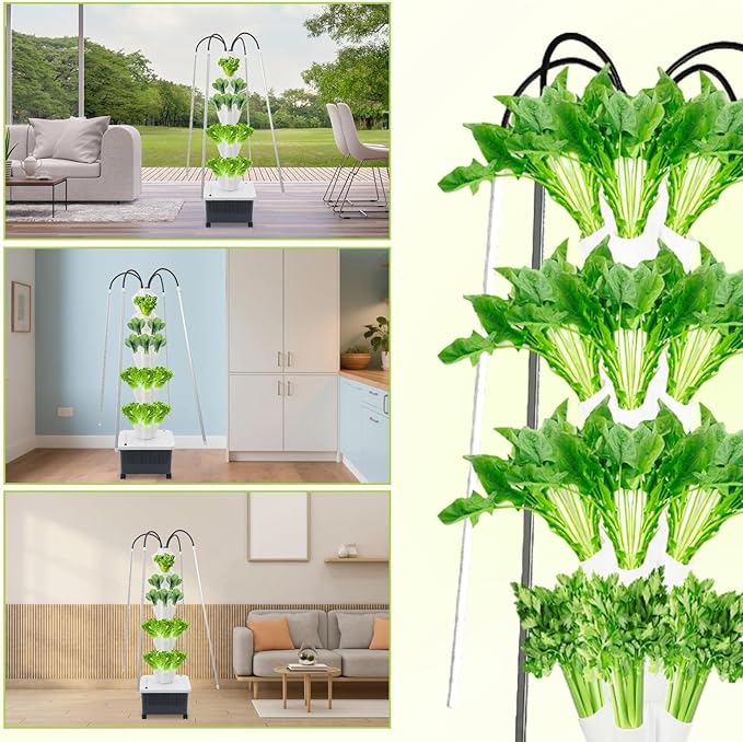 8 Tiers 40 Plant Hydroponic Growing Tower Indoor Garden Planter with LED Grow Light Vertical Smart Plants Germination Kit with Wheels and Timed Plug for Fruits Vegetables Herbs