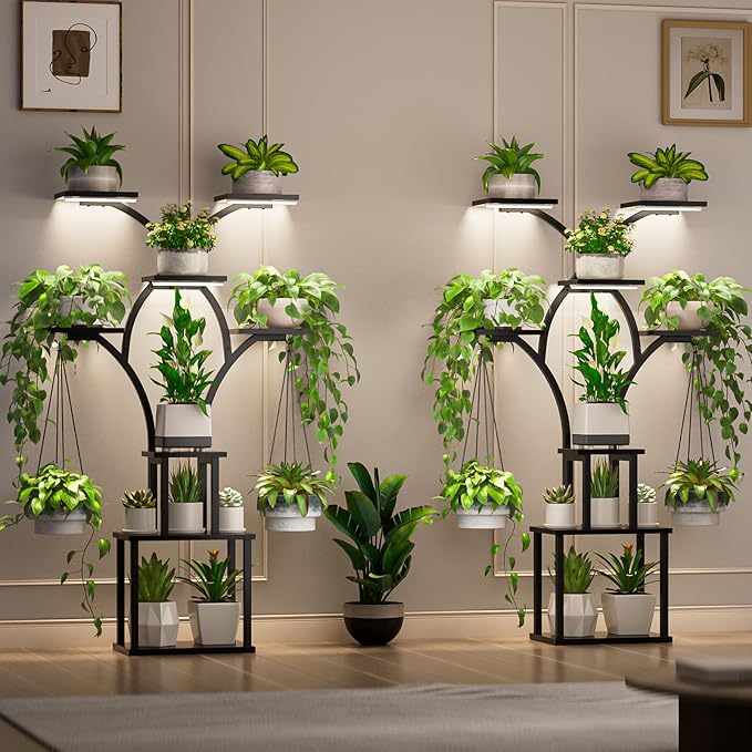 Elbourn Plant Stand Indoor with Grow Lights - 60 Tall Metal Plant Shelf for Multiple Plants 8 Tiered Corner Plant Stands for Indoor Plants X - Shaped Decorative Rack for Home Living Room &amp Pat