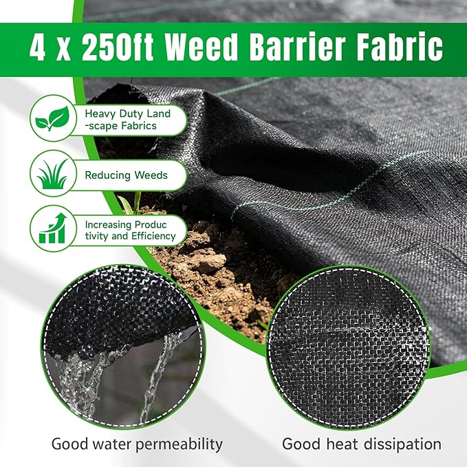 Weed Barrier Fabric Planting Cover - 4 x 250 FT Heavy Duty Landscape Fabric Ground Cover Block for Outdoor Planting