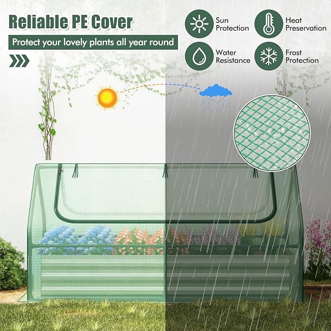 Giantex Galvanized Steel Raised Garden Bed with Mini Greenhouse Outdoor Metal Planter Box Kit with Large Roll-up Cover 71x 35.5x 36 Planter Raised Bed for Flower Vegetable Fruit (Green &amp Silv