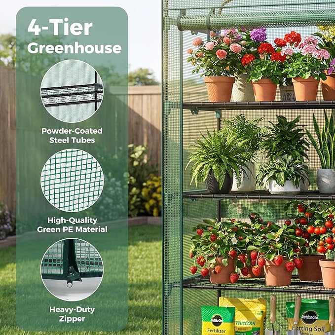 OLIXIS Greenhouse 27×19×63 4 Tier Portable Green House with Durable PE Cover Roll-up Zipper Door Small Greenhouses for Indoor Outdoor Balcony Porch Garden Patio Backyard Green Houses (Green)