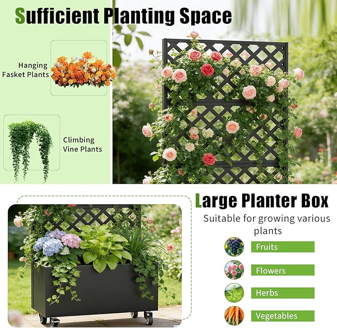 72 Planter Box with Trellis &amp Wheels Planter Boxes Outdoor with Drainage Hole for Climbing Plants Raised Planter with Privacy Screen Black
