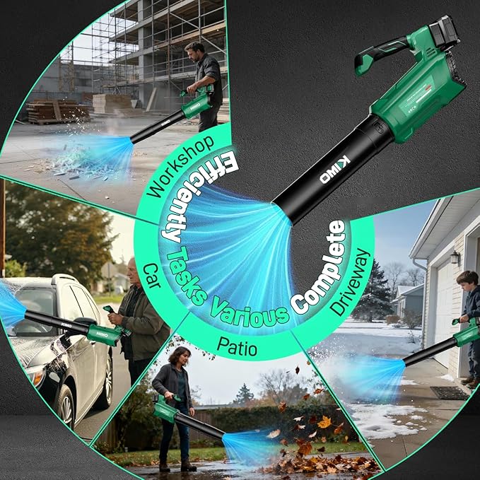 KIMO Leaf Blower Cordless with Battery and Charger 800CFM/300MPH Precision Adjustment Handle 3Speeds w/ Visual Panel Lightweight 2 Extended Tube 2* 2.0 Battery Powered Leaf Blowers for Lawn Care