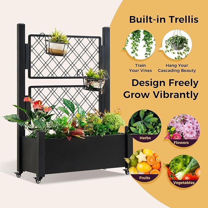 Metal Raised Garden Bed with Trellis 50Hx38Wx14D Inch Compact Planter Box for Climbing Plants Patio Balcony Garden Privacy Screen with Wheels and Drainage Holes Black