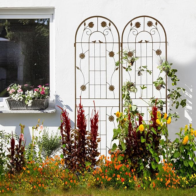 2 Pack Rustproof Metal Trellis for Climbing Plants 71x19.7 Outdoor Garden Support for Vines/Roses/Vegetables French Country Iron Plant Stand for Patio/Wedding Decor (Brown)