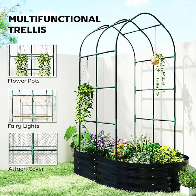 Outsunny Galvanised Raised Garden Bed with Arched Trellis 5 x 3 x 6ft Metal Outdoor Planter Box with Open Bottom Design Modular Raised Bed with Gloves for Vegetable Flower Easy Assembly Dark Gray