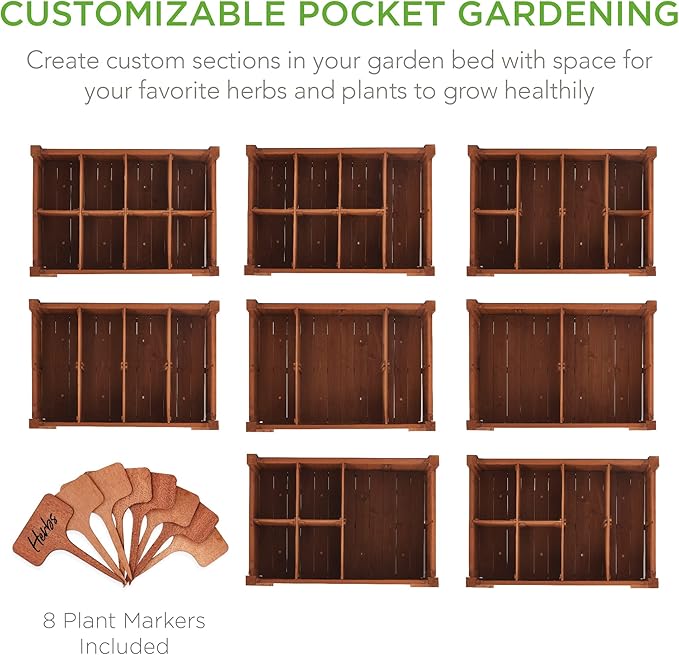 Best Choice Products Elevated 8 Pocket Herb Garden Bed Mobile Raised Customizable Wood Planter for Herbs Vegetables Flowers w/Lockable Wheels Storage Shelf Drainage Holes - Acorn Brown