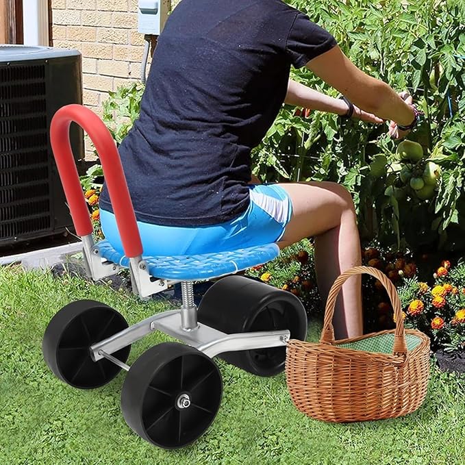 Garden Cart Work Seat with Wheels Sturdy Workseat Cart Adjustable Seat Height Adjustable 360 Degree Swivel Gardening Helper for Lawn Yard Patio