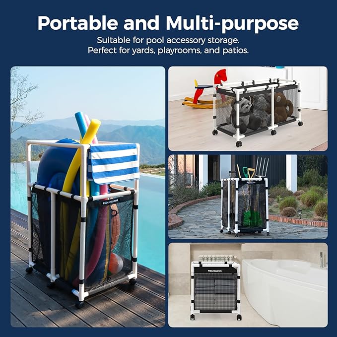 Pool Storage Bin 214 Gallons Holder for Noodles Toys Floats Towels Large Mesh Organizer for Swimming Equipments Max Style