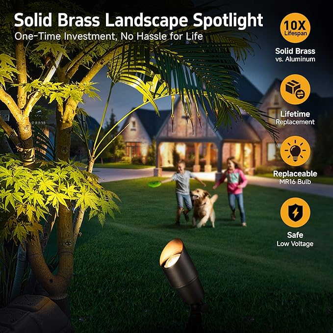 Gardenreet 12V Landscape Spotlight Bundle - 12 Pack Brass Spotlight 65FT 16/2 Cable Outdoor Waterproof LED Fixture for Garden Wall Tree with 5W 2700K Warm White MR16 Bulb