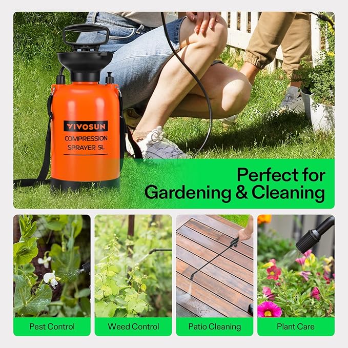 VIVOSUN 1.35-Gallon Pump Pressure Sprayer Pressurized Lawn &amp Garden Water Spray Bottle with Adjustable Shoulder Strap for Spraying Plants Garden Watering and Household Cleaning