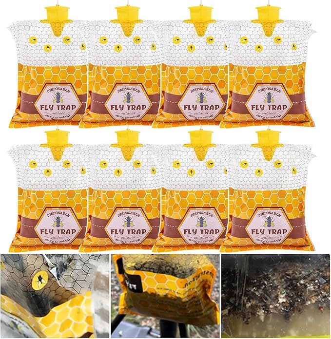8 Pack Big Fly Traps Outdoor Hanging for Patio Flies Bags Outdoor Disposable with 50g Bait Bug Fly Hunter Catcher Killer Control for Barn Horse Ranch Chicken Coop