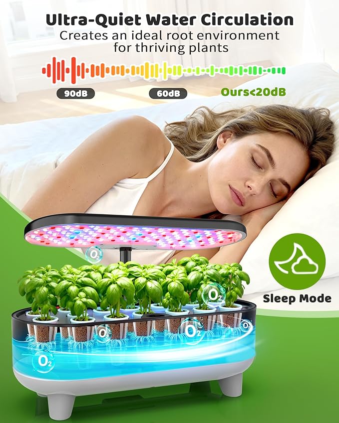 Hydroponics Growing System Kit 16 Pods Vertical 8L Indoor Gardening System for Herb Vegetable Fruit with LED Grow Light Smart Water Circulation 3 Light Modes &amp 2 Timer Black