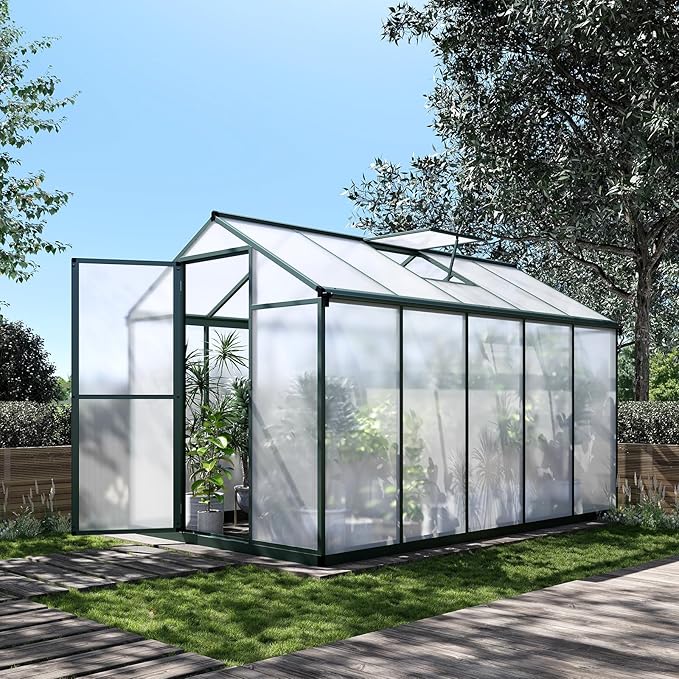 Greenhouse for Outdoors Polycarbonate Greenhouse with Quick Setup Structure and Roof Vent Aluminum Large Walk-in Greenhouse for Outside Garden Backyard (Green 10'D x 6.25'W)
