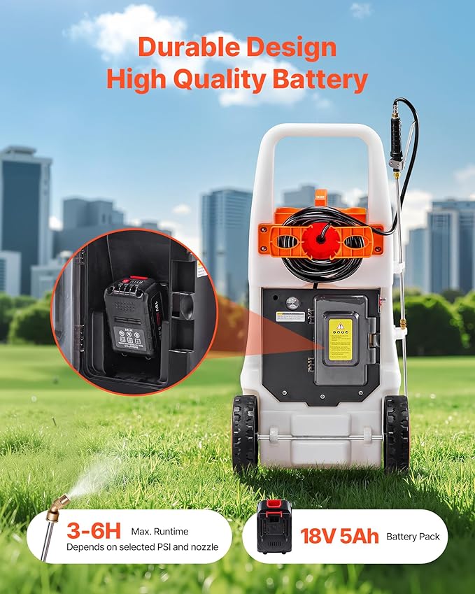 VEVOR 13.1 Gallon Battery Powered Sprayer with Wheels Adjustable 0-80 PSI 5 Nozzles and 98ft Hose Included Orange