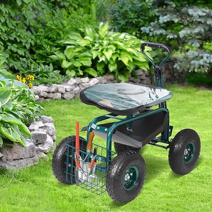 VEVOR Garden Cart Rolling Workseat with Wheels Gardening Stool for Planting 360 Degree Swivel Seat Wagon Scooter with Steering Handle &amp Utility Tool Tray Use for Patio Yard and Outdoors Gre