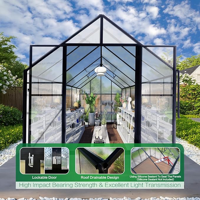 8x12 FT Greenhouse for Outdoors Polycarbonate Green House with Adjustable Roof Vent and Rain Gutter Aluminum Large Walk-in Greenhouse with Quick Setup Structure for Outside Garden Backyard Patio