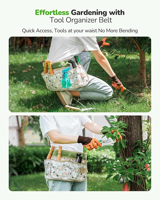 All-in-One Garden Tool Set with Tools Organizer Belt Adjustable 10-Piece Gardening Hand Tools Long Lasting Rust-Proof Premium Garden Tool Kit Gardening Gift for Women Men (Green)