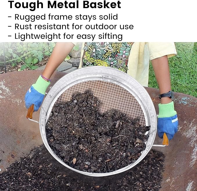 Soil Sifter with Handle for Gardening–14 Large Stainless Steel Soil Sieve-2 Replaceable Mesh Screens 1mm/6mm-Garden Sifter for Dirt Rocks Compost Gravel Pellet Sand