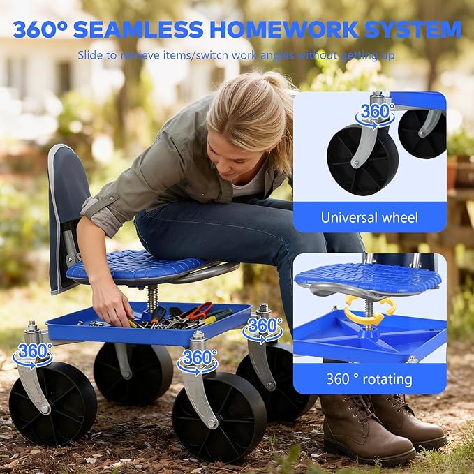 Height Adjustable Rolling Garden Work Seat with Storage - Heavy Duty Mobile Stool &amp Tool Cart 330 lbs Capacity for Yard Patio &amp Seniors Blue