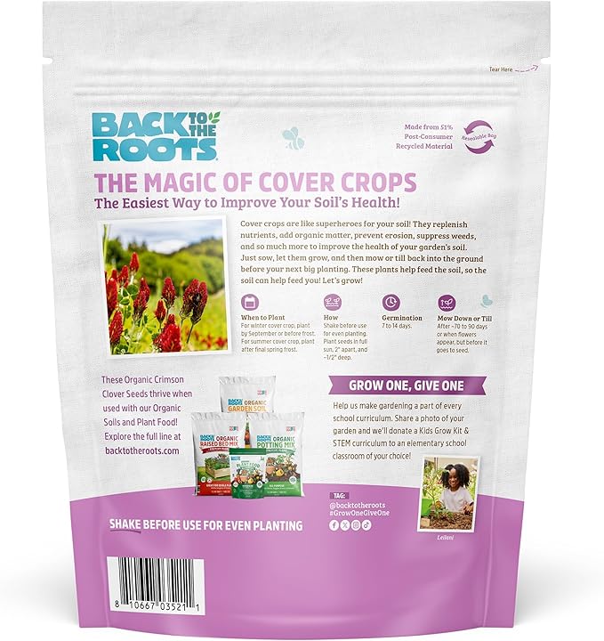 Back to The Roots 100% Organic Crimson Clover Cover Crop Seeds Covers ~1000 sq. ft.