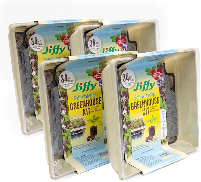 Jiffy Seed Starter Tray Kit - Self-Watering High Germination Rate Seedling Tray - 4 Pack - Peat/Plastic
