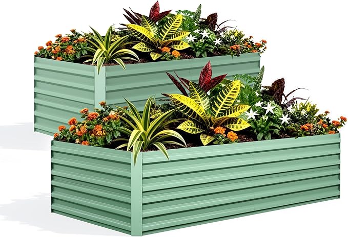 OUTLANE 2 Pack 6x3x2 ft Galvanized Raised Garden BedOutdoor Planter Box Metal Patio Kit Planting BedRust-Resistant Raised Garden Beds for Vegetables Flowers and SucculentsGreen