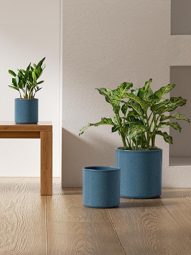 LE TAUCI Ceramic Pots for Plants 10/8/6 Inch Indoor Planters with Draiange Hole Silicone Plug &amp Mesh Pad Modern Minimalist Pots for Home Office Set of 3 Glossy Harbor Blue