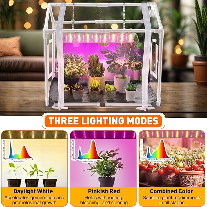 Meonum Mini Greenhouse with Grow Light 23.6 L x 15.7 W x 19.6 H Portable Greenhouse with Waterproof Bottom Mat Timer 3 Light Color Mode for Indoor Outdoor Seed Starter Tray (Mini House Shape)