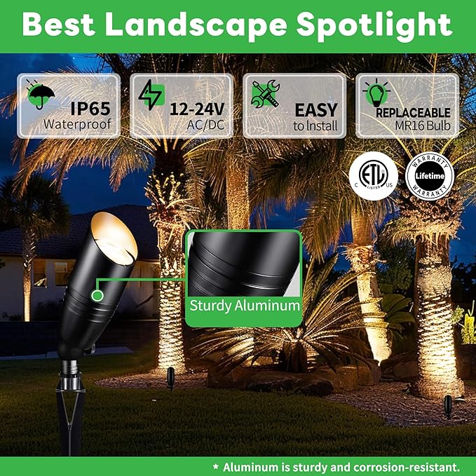 Low Voltage Landscape Spotlights Kit 4 Pack Black Outdoor12V LED Lights and 100W Transformer and 100FT Cable and 20 Wire Connectors Waterproof Aluminum Uplighting for Tree House Garden
