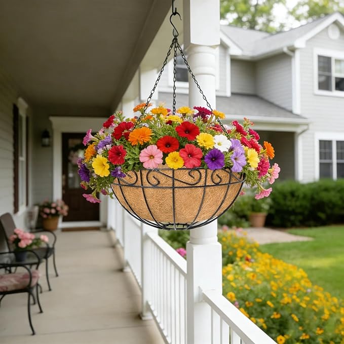 4 Pack 10 Inch Hanging Baskets for Plants Outdoor Metal Hanging Planter Basket with Coco Coir Liner Hanging Flower Baskets Hangings Flower Pots Holder for Garden Patio(Flower)