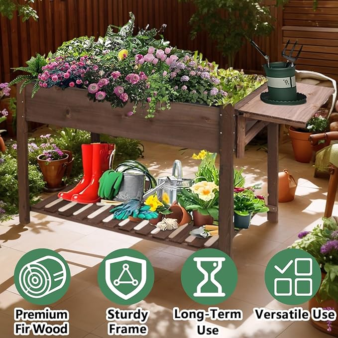 Elevated 8 Pocket Herb Garden BedWooden Standing Planter Box with LegsFoldable Side Table and Storage Shelf Patio Raised Garden Bed for HerbsVegetablesFlowers (Dark Brown 49 Inch)