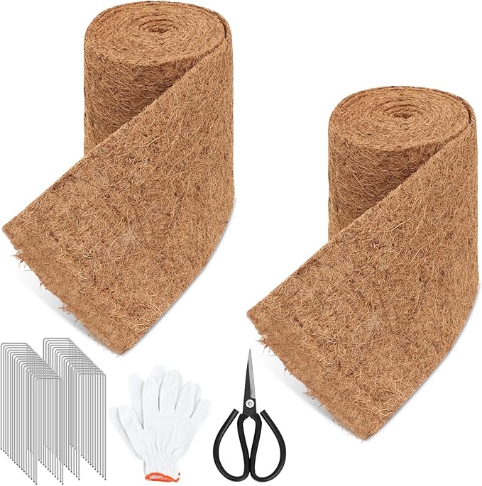 Timgle 2 Pcs 120 x 6.3 Natural Coconut Fiber Liner Mulch Roll Coir Liner Garden Weed Barrier Mat with 30 U-Shaped Steel Stakes for Landscaping Garden Edging Border Planters Vegetables &amp Flow