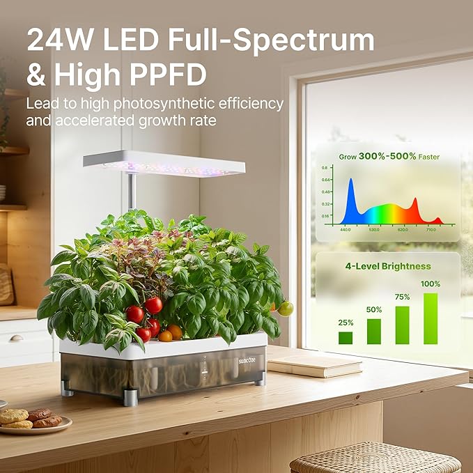 SUNCOZE Hydroponics Growing System Kit 13 Pods Indoor Garden with Dimmable Grow Light 4L Visible Water Tank with Adjustable Height to 12.8Digital Timer &amp Water/Nutrient Reminder Gardening Gif