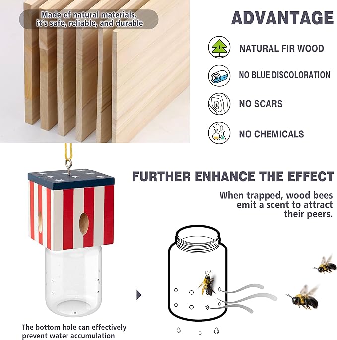 4 PCS Wood Carpenter Bee Trap for Outside - Best Bee Trap - Cube Flag Style Nature Hanging Carpenter Bee Traps Plastic Jar Outdoor - Insect Traps