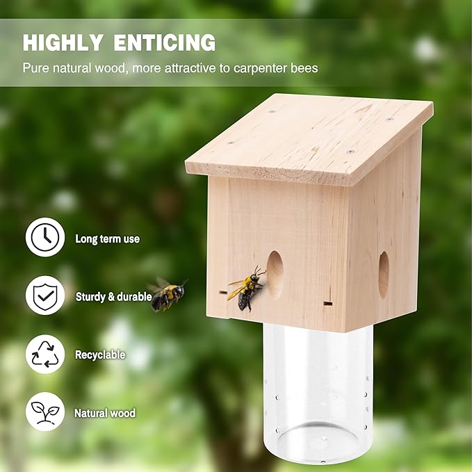 Carpenter Bee Trap for Outside - Pentroof Style Nature Hanging Wood Carpenter Bee Traps Outdoor - Best Bee Trap - Insect Traps with Removable Vault (2 Pack)