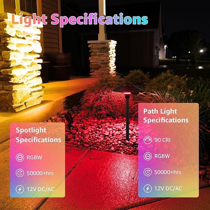 SUNVIE RGBW Landscape Lighting Kit 12V Low Voltage Landscape Lighting with Connectors Color Changing Low Voltage Pathway Lights Wired with Spotlights Waterproof for Holiday Patio Garden Yard12 Pack
