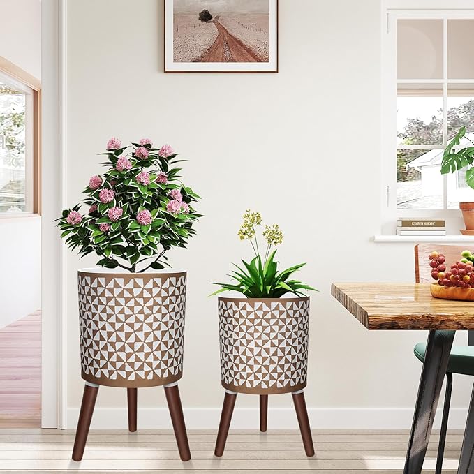 10 &amp 12 Inches Plant Pot with Stand Large Modern Standing Planters for Indoor Outdoor Plants with Drainage Holes Big Gold Floral Embossed Flower Pots with Legs