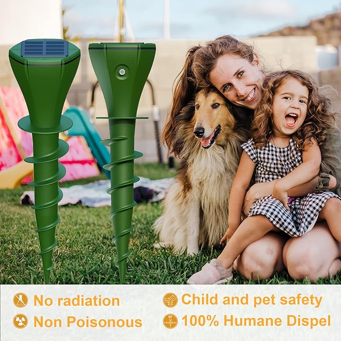 Mole Repellent Solar Powered 4 Pack IP65 Waterproof Mole Vole Repellent for Yard Gopher Groundhog Deterrent for LawnUltrasonic Repellent OutdoorKeeps Snakes Lizard Groundhog Skunk Out of Yard