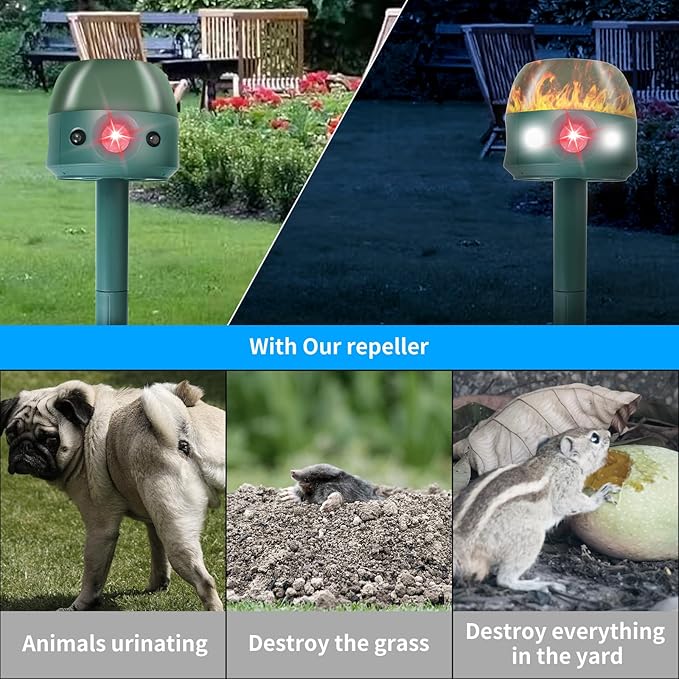 Ultrasonic Solar Animal Repeller for Yard 5 Modes Outdoor Cat Squirrel Repellent with Motion Sensor Flame Light Motor Vibration Deterrent for Deer Skunk Dog Snake Gophers for Yard Garden