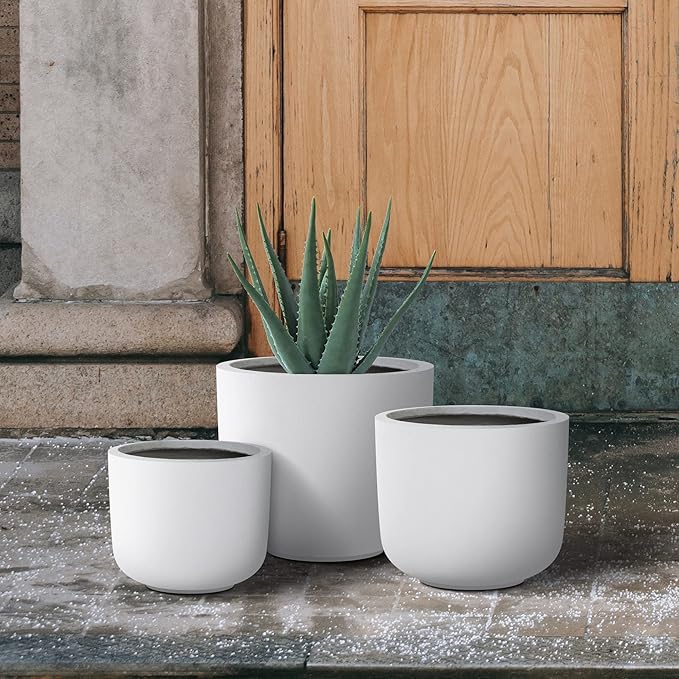 Kante 13119 Dia Pure White Concrete Round Planters (Set of 3) Outdoor Indoor Modern Planter Pots Lightweight Weather Resistant Seamless with Drainage Hole