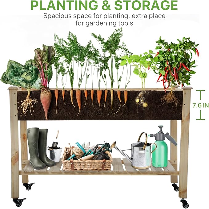 Dkelincs Raised Garden Bed Wood Elevated Outdoor Planter Box with Legs &amp Wheels Large 48x23x32 Inch Vegetable Flower Herb Garden Planter
