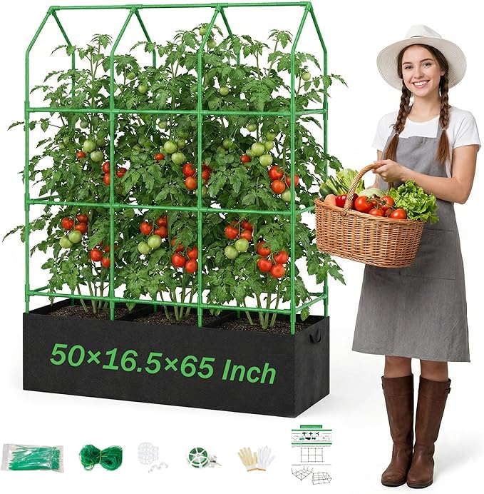 Large Cucumber Trellis with Grow Bag 65 Tall Metal Garden Trellis for Climbing Plants Outdoor Reusable Cucumber Trellis for Raised Bed with Netting for Tomatoes Peas Grapes Plant Support