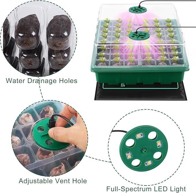 Seed Starter Kit with Grow Light Seedling Heat Mat 48 Cells Seed Starter Tray with Humidity Dome and Base Germination Trays Plastic Growing Trays Plant Propagation Kit for Seed Starting Green