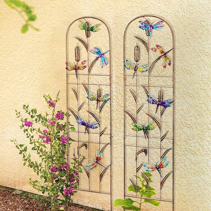 SUNNYPARK Set of 2 Dragonfly Metal Garden Trellis for Climbing Plants Decorative Vegetables Flowers Vine Trellis for Outdoor Patio 60'' H x 11'' W