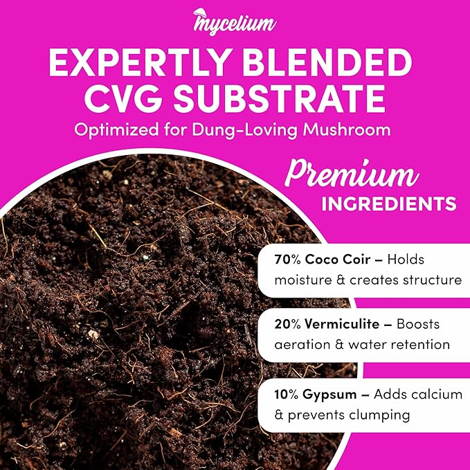 Mycelium CVG Substrate | 2-Pack (10 lbs Each) Pre-Sterilized Bulk Mushroom Substrate with Coco Coir Vermiculite &amp Gypsum | Ideal for Dung-Loving Mushrooms | Ready to Use Organic &amp High-Yield