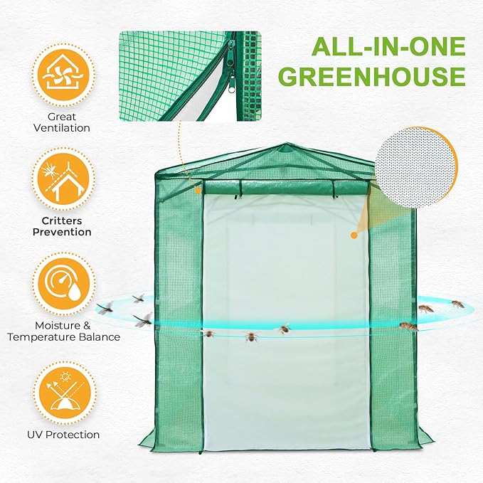 EAGLE PEAK 8x6 Portable Walk in Greenhouse Pop Up Indoor Outdoor Greenhouse Green House Kit with Zippered Roll-Up Doors and Windows + Mesh Lined Door PE Cover Clear/Green