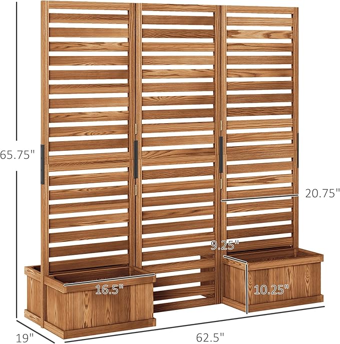 Outsunny Freestanding Outdoor Privacy Screen 4 Self-Draining Planters/Raised Garden Beds 3 Hinged Panels for Hot Tub Patio Backyard Deck Natural