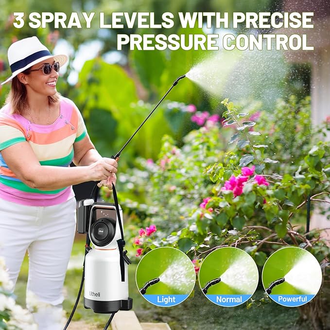 Litheli 20V Cordless Garden Sprayer 1.3 Gallon/4.75L Pump Sprayer Intelligent Pump Pressure Control 2 Spray Modes for Spraying Plants Garden Watering with 2.0Ah Battery Included